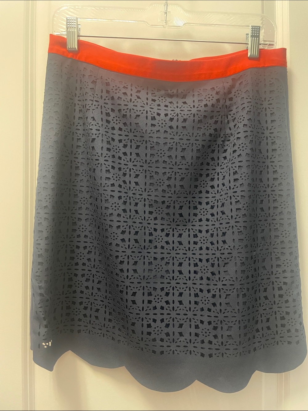 Pixley Navy Laser-Cut A-Line Skirt with Bright Coral Waistband